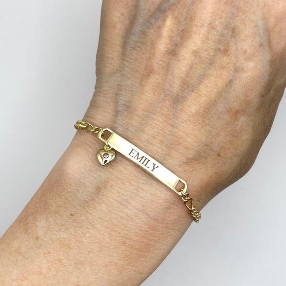 EMILY 10K Gold Plated ID Bracelet Heart Charm Pink Crystal Figaro Chain 6 1/4 - Picture 1 of 7